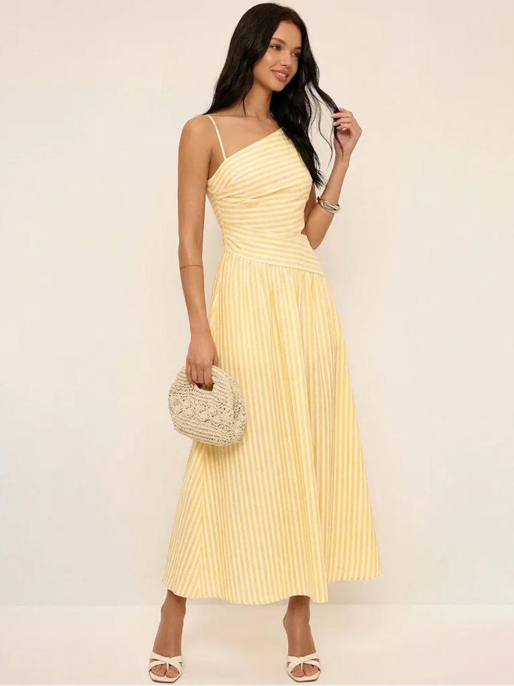 Commense Yellow Striped One-Shoulder Maxi Dress